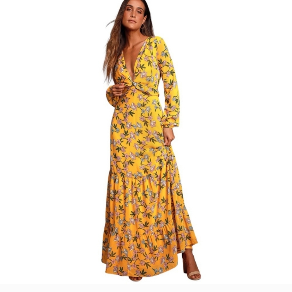 Lulus size XS Maxi Ruffle Dress Floral Chiffon Long sleeve Thrive Together